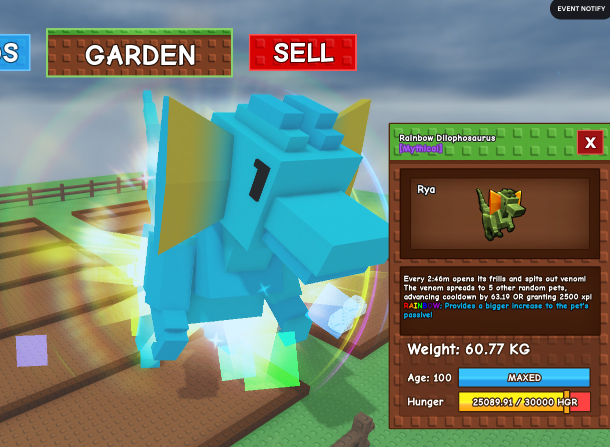 Huge Rainbow Mutated Dilophosaurus 60.77Kg! -Grow A Garden -Roblox -Fast & Easy!