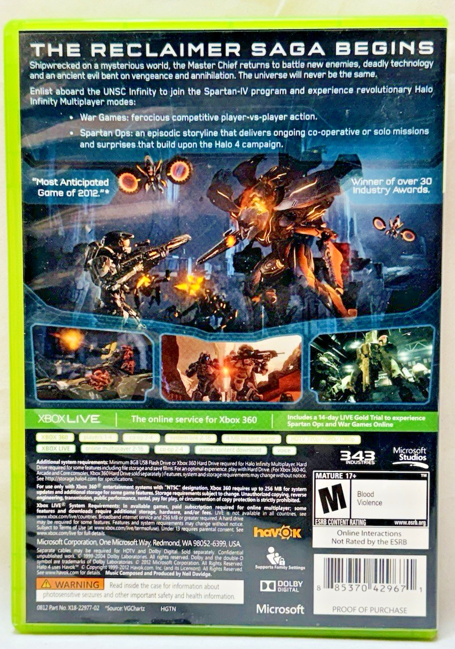 Halo 4 Xbox 360 Video Game Microsoft Studios 343 Industries