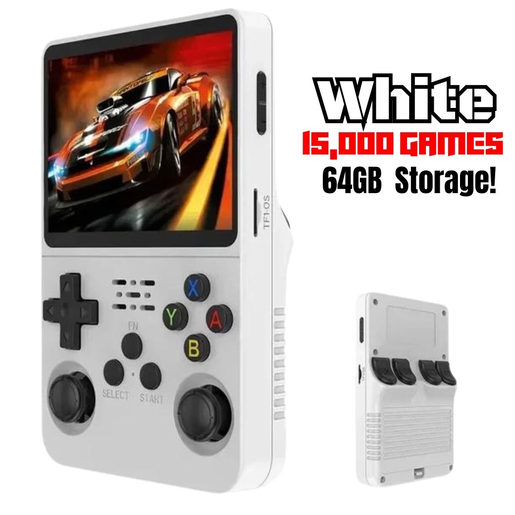 R36S Handheld Video Game Linux System 3.5-inch Screen, 15,000 Games 64GB – White