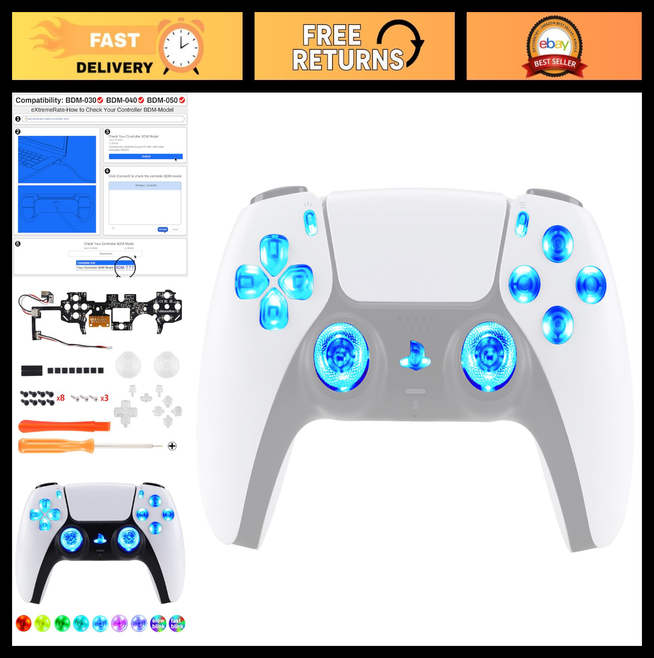 Multi-Color LED D-Pad Thumbstick & Face Buttons Kit for PS5 Controller – 9 Modes