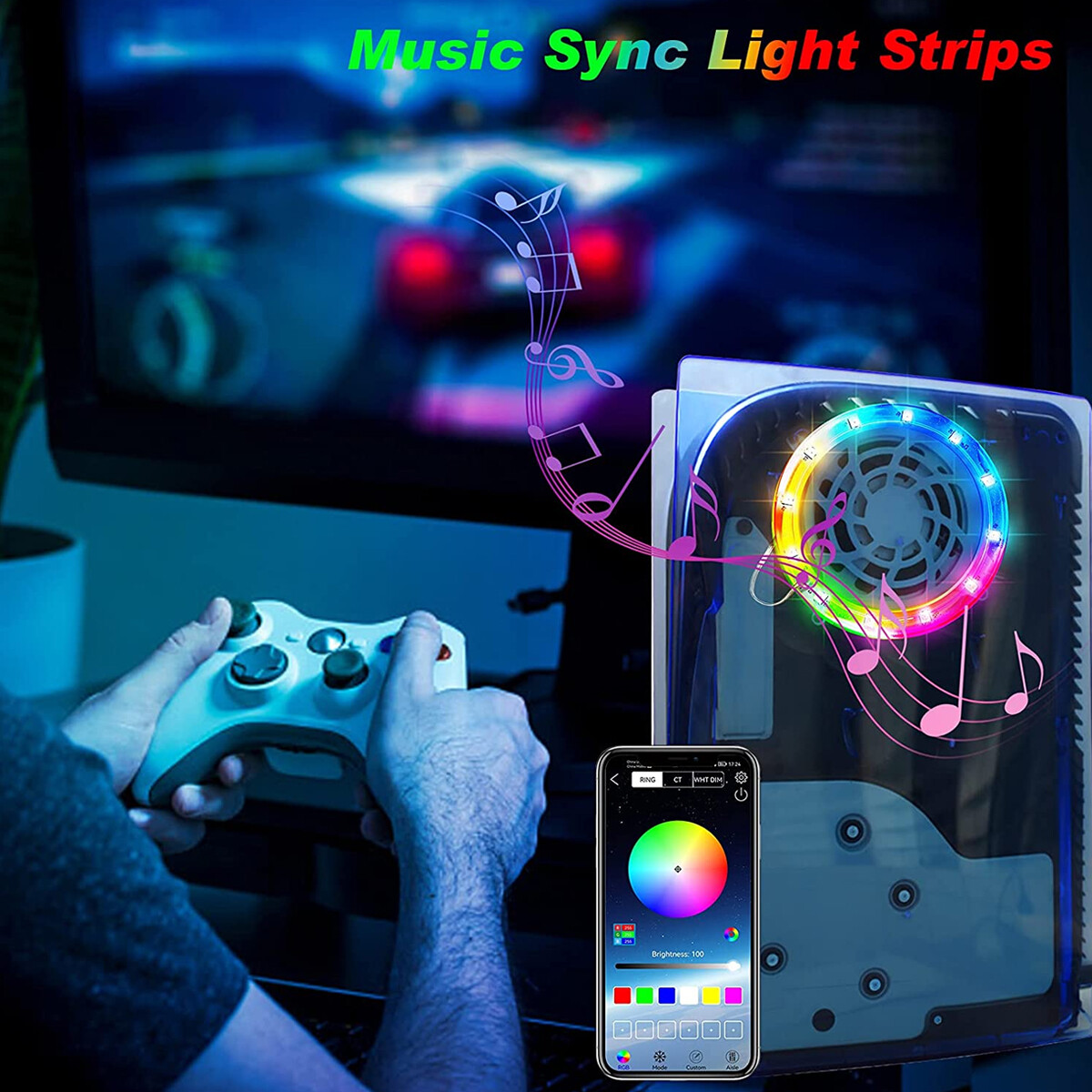 For PS5 Console USB 5050 RGB LED Light Strip Kit Sync Music 8 Colors 400 Effects