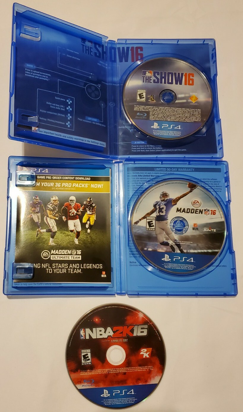 Lot of 3 PS4 2016 Sports Video Games MLB: The Show 16, NBA 2K 16 & Madden NFL 16