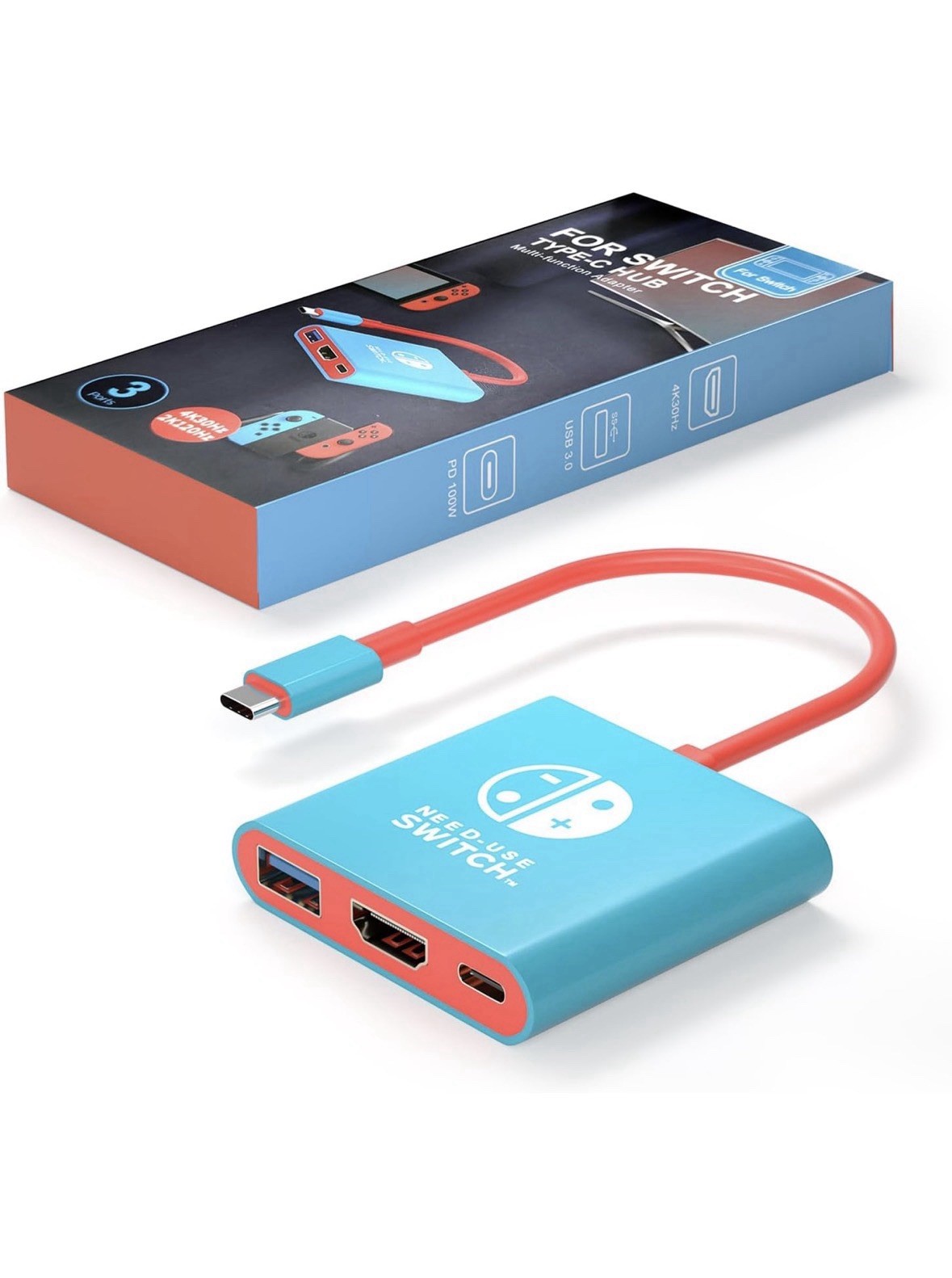 Nintendo Switch Type-C Hub NEW SEALED Portable Dock Adapter 4k Blue Red 3 Ports