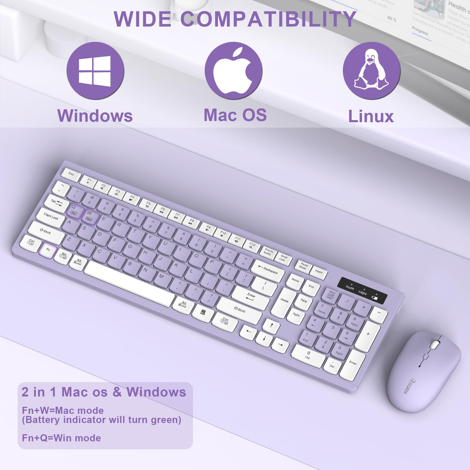 Wireless Keyboard and Mouse Combo, Full-Sized Purple