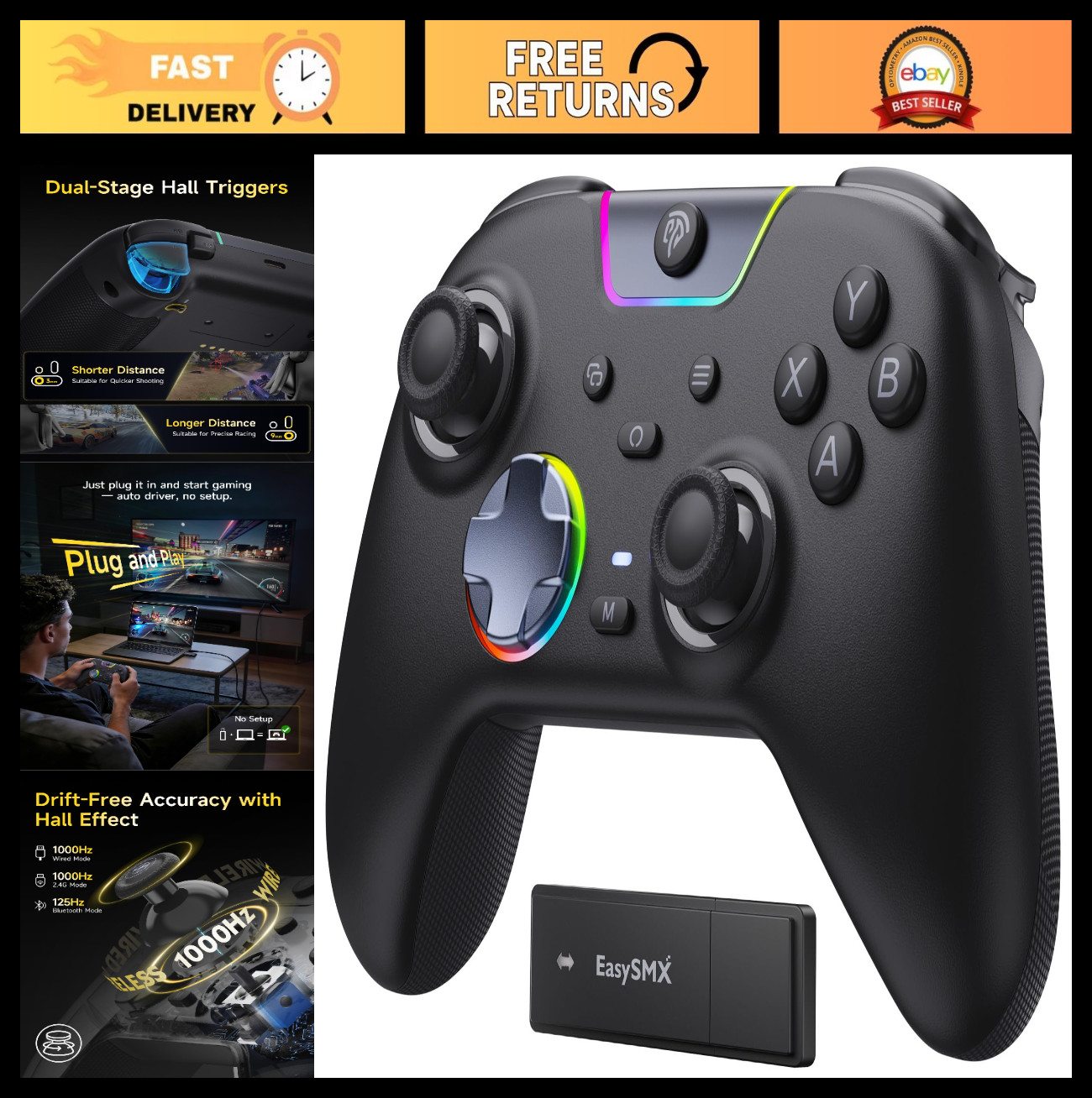 Wireless Gaming Controller for PC, Switch & Phone – Ultra-Quiet, Ergonomic, Prog