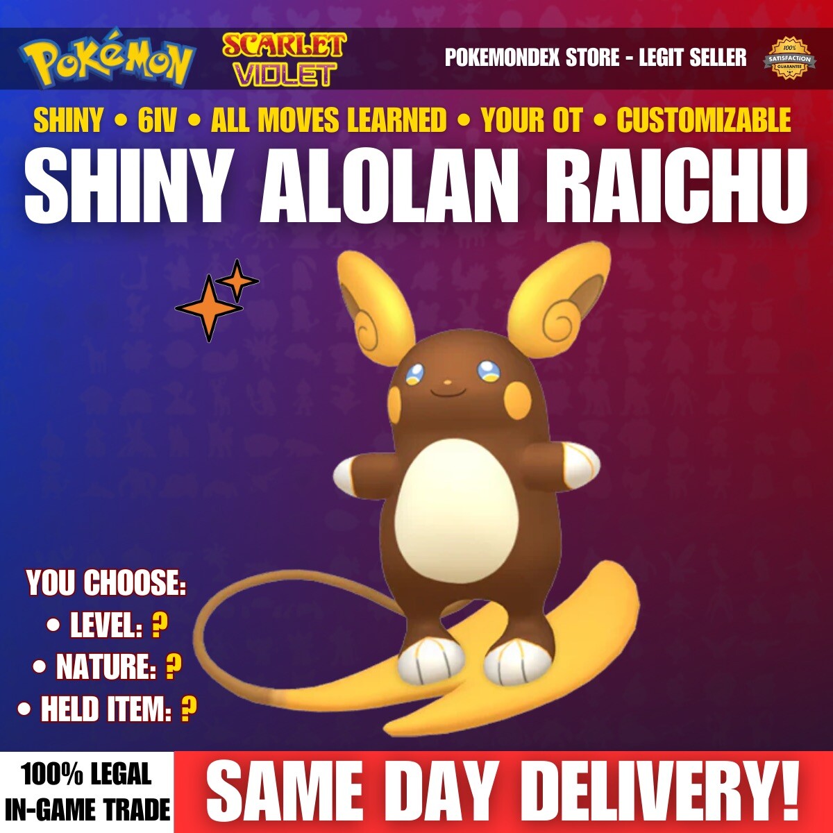 ✨SHINY ALOLAN-RAICHU ⭐️ 6IV & You Customize It ✨ Pokemon Scarlet And Violet