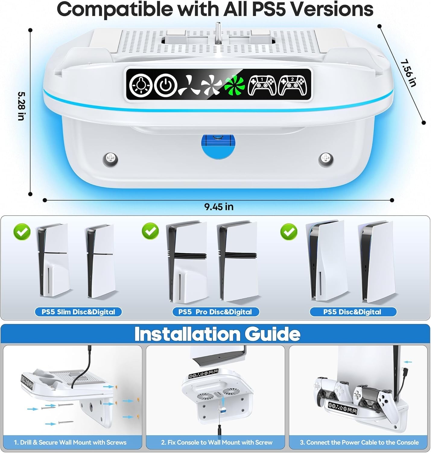 PS5 Wall Mount Kit with Cooling Fan and Charging Station for PS5 Slim, Pro & …