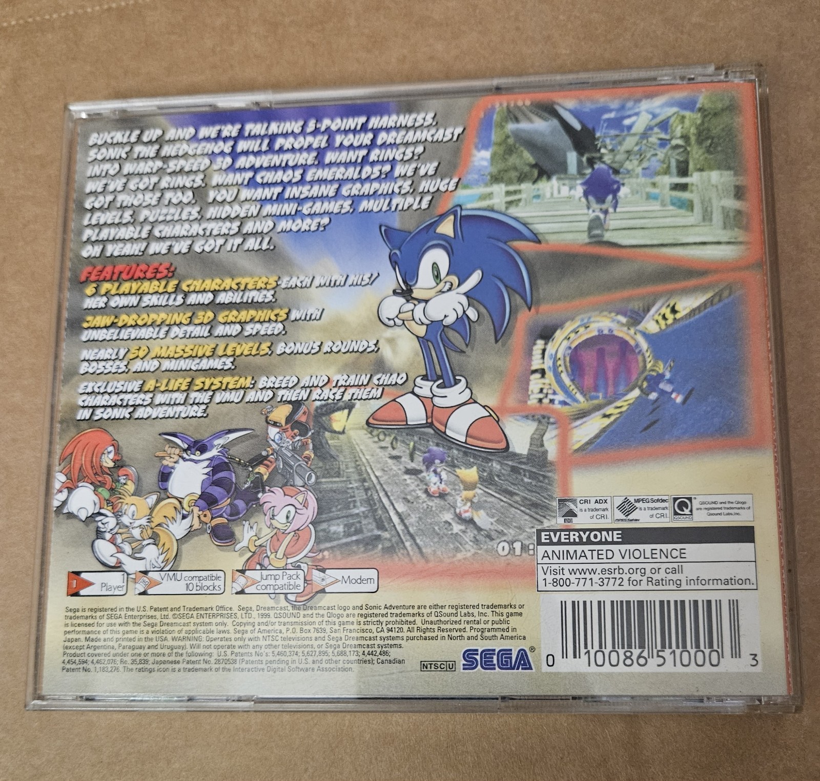 SEGA Sonic Adventure (Sega Dreamcast, 1999) Platformer, E Everyone, NTSC-U/C