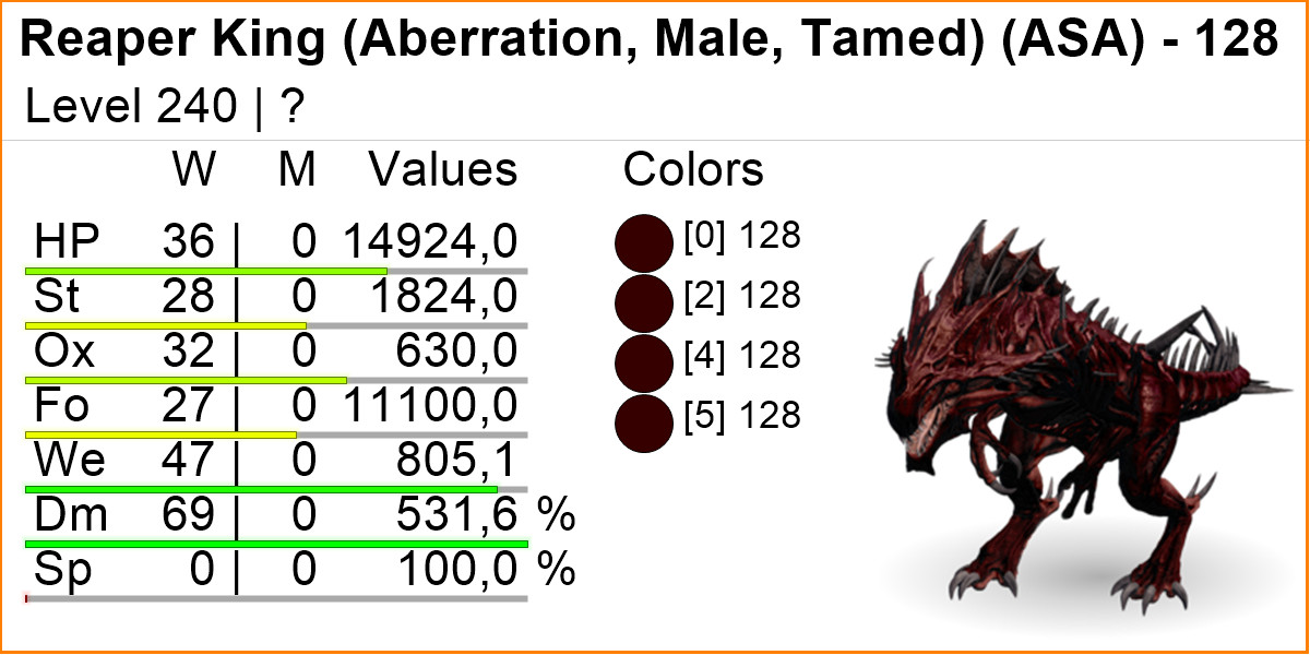 Reaper 240 LEVEL TOP STATS Solid Colors Ark Survival Ascended Official PVE