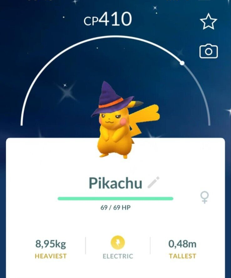 Pokémon Go – Shiny Witch Hat Pikachu – P T C – high stardust – Description