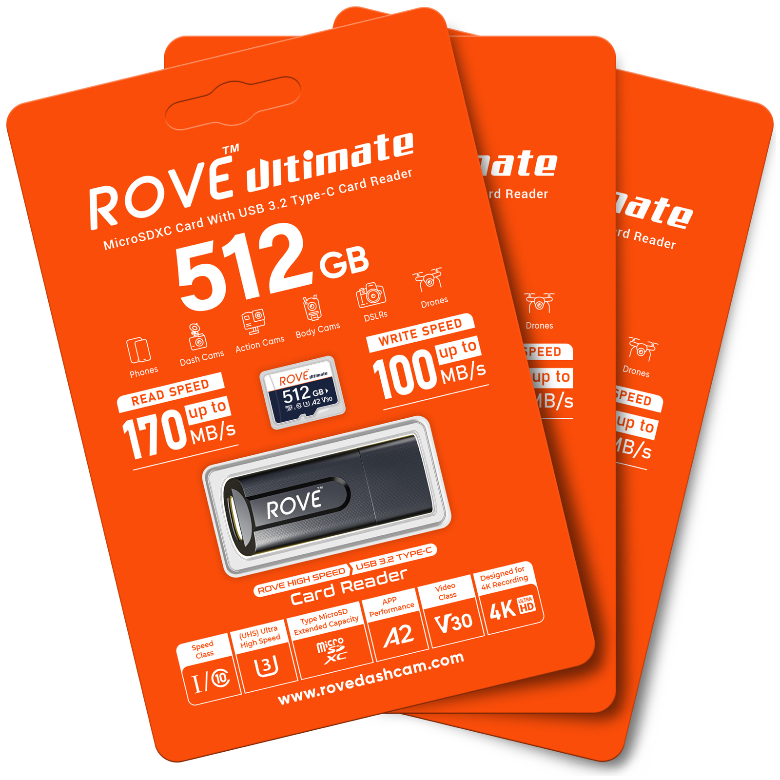 ROVE Micro SD Card for Dash Cam Memory Card 128, 256, 512 GB, with USB-C Reader