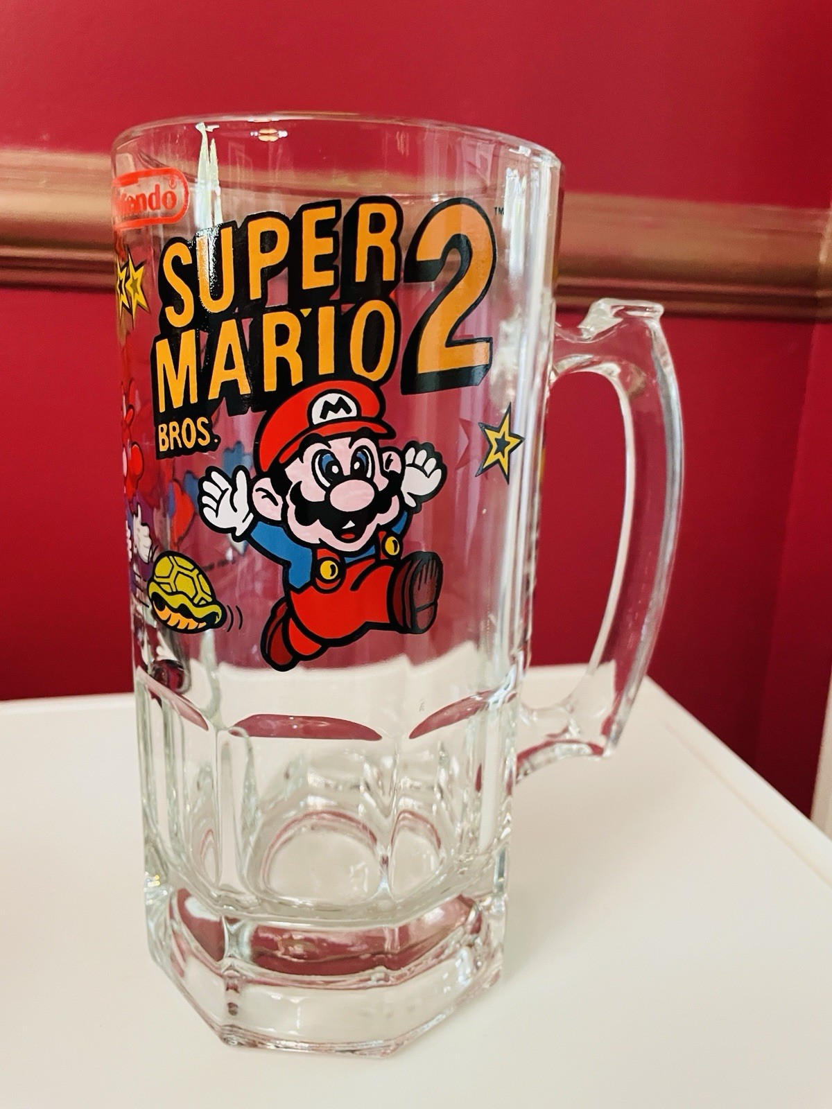 Nintendo Super Mario Bros 1989 Vntge Beer Stein Mug Glass Original Oversized 8″
