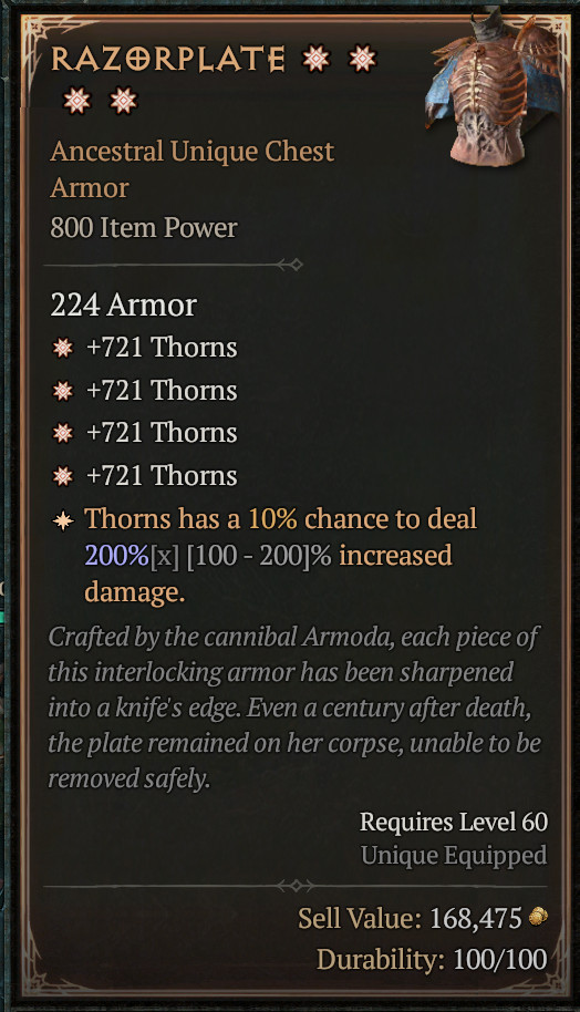 Diablo 4 ⚜️Razorplate ⚜️ 4 GA MAX PERFECT ROLL ⚜️ Thorns Build | Season 8 D4 S8