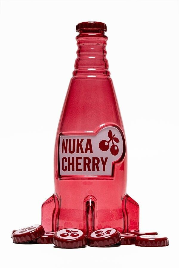 Fallout Nuka Cola Cherry Glass Rocket Bottle & 10 Bottle Caps Replica NEW