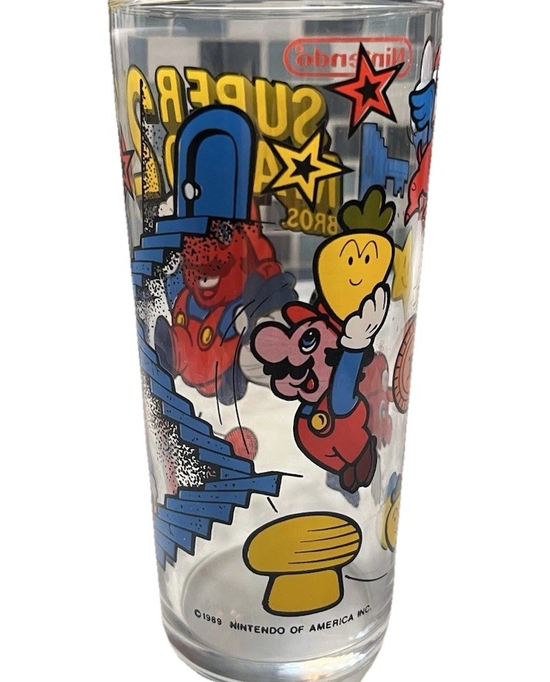 Super Mario Bros. 2 Promotional Drinking Glass Nintendo Vintage 1989 6 1/4″ Tall