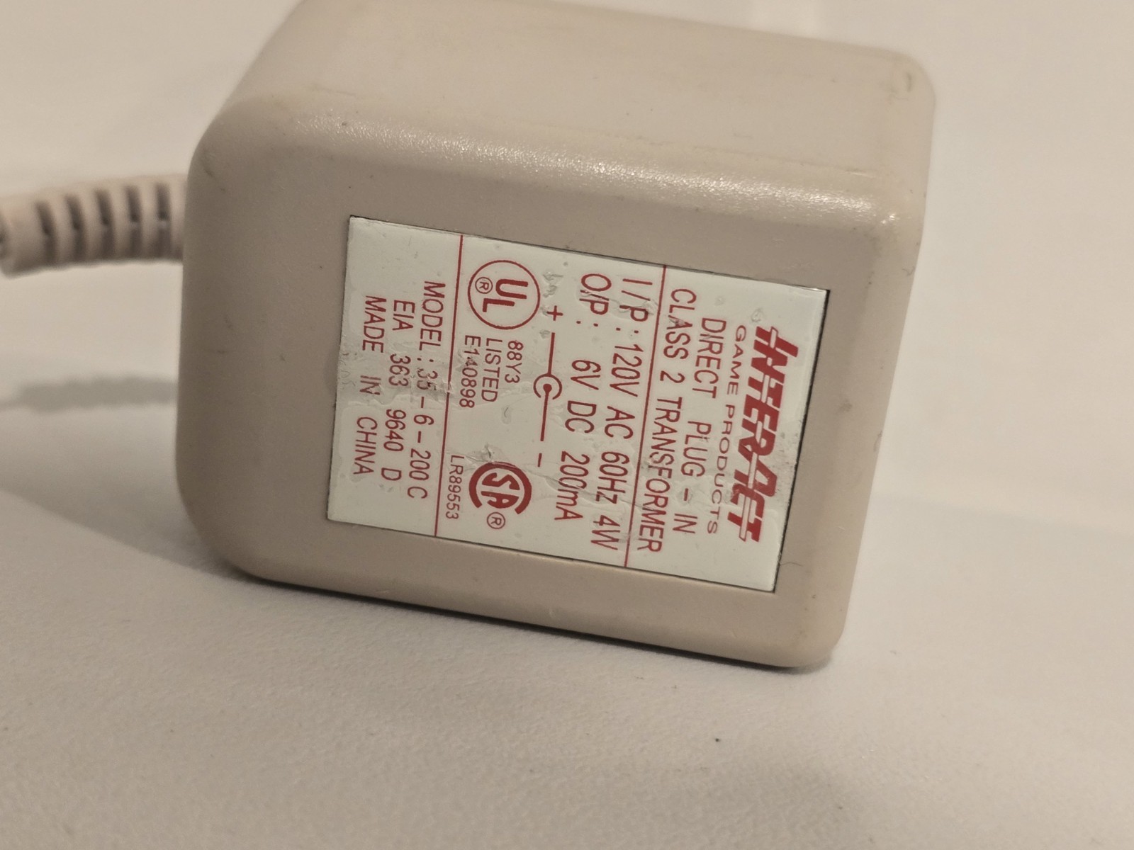 Interact Gameboy Charger Direct Plug In Class 2 Transformer AC Adapter