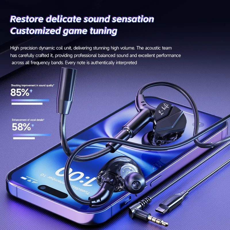 Gaming Earbuds 7.1 Surround Dual Mic Wired In-Ear PUBG Headset 3.5mm/Type-C