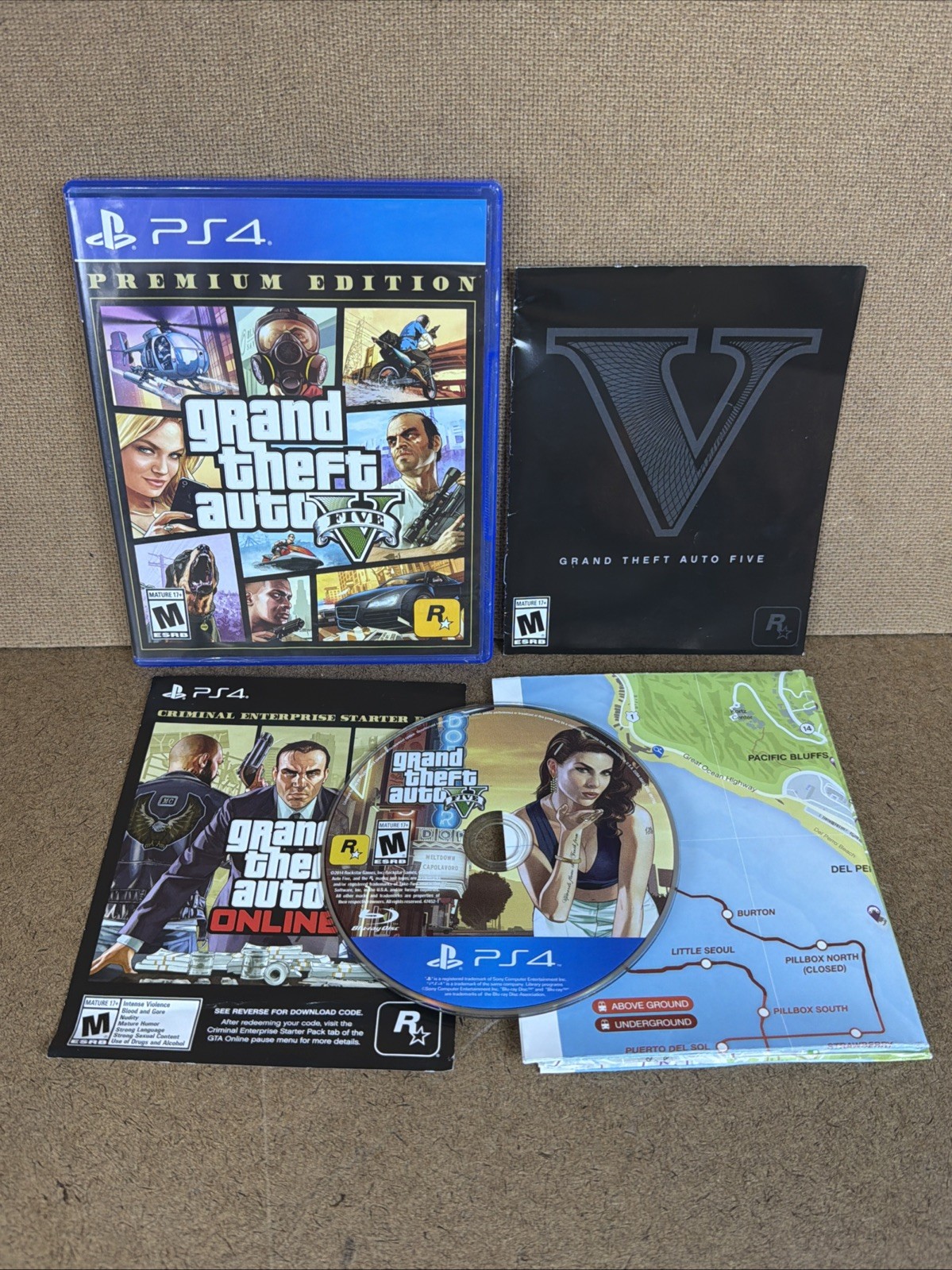 Grand Theft Auto V 5 – Premium Edition – PS4 – Complete w/ Map USED Tested CIB!