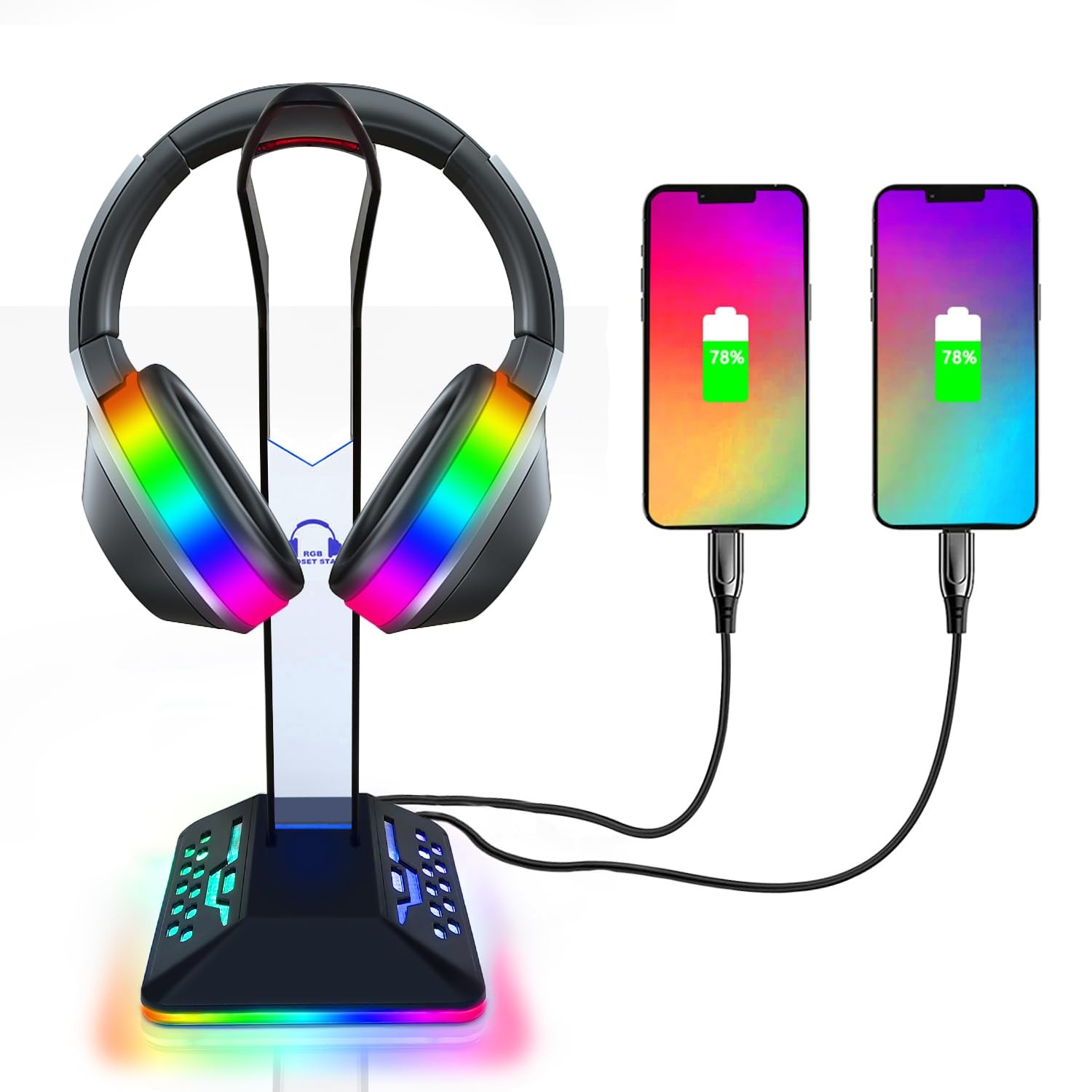 RGB Headphone Stand with 2 USB 2.0 Extension Charging Port Extender Cord,Desk…