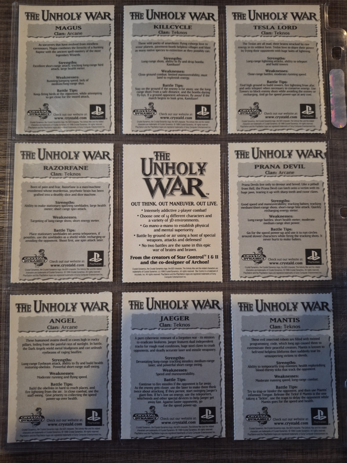 Vintage The Unholy War PlayStation 1 One character card sheet Crystal Dynamics