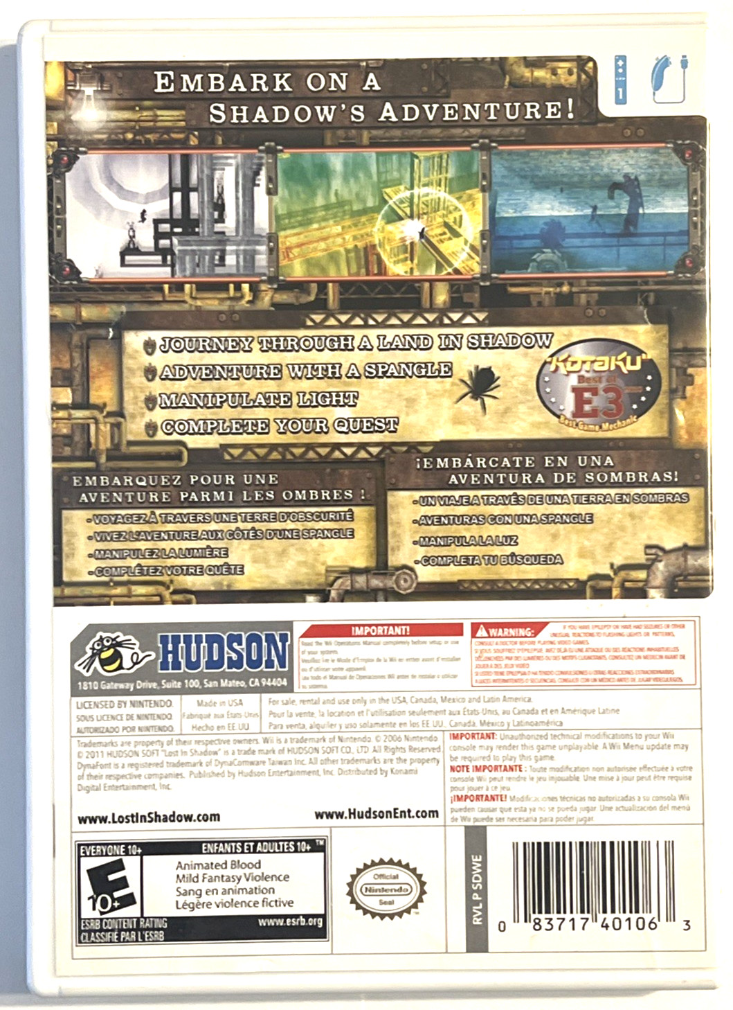 Lost in Shadow Hudson Puzzle Platform CIB Nintendo Wii