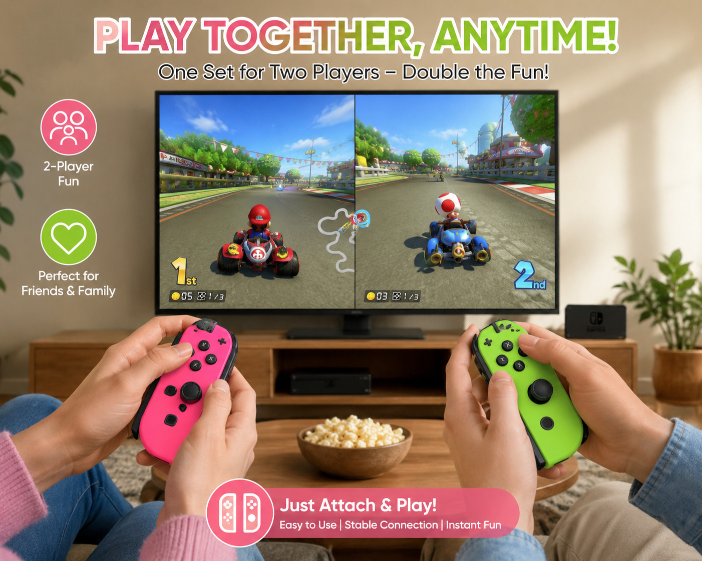 Compatible Wireless Controller Pair for Nintendo Switch L/R Joy Pad Pink Green