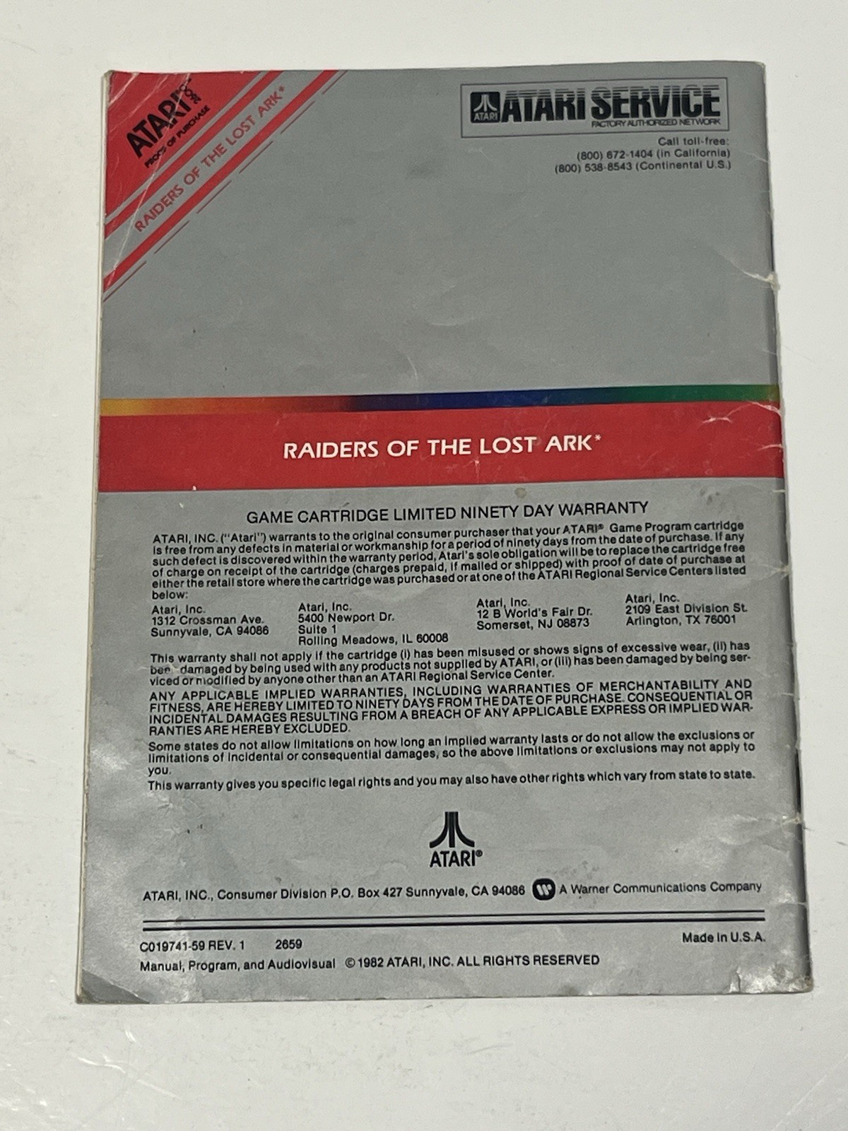 Raiders of the Lost Ark (Atari 2600, 1982) Game Cartridge & Manual Tested