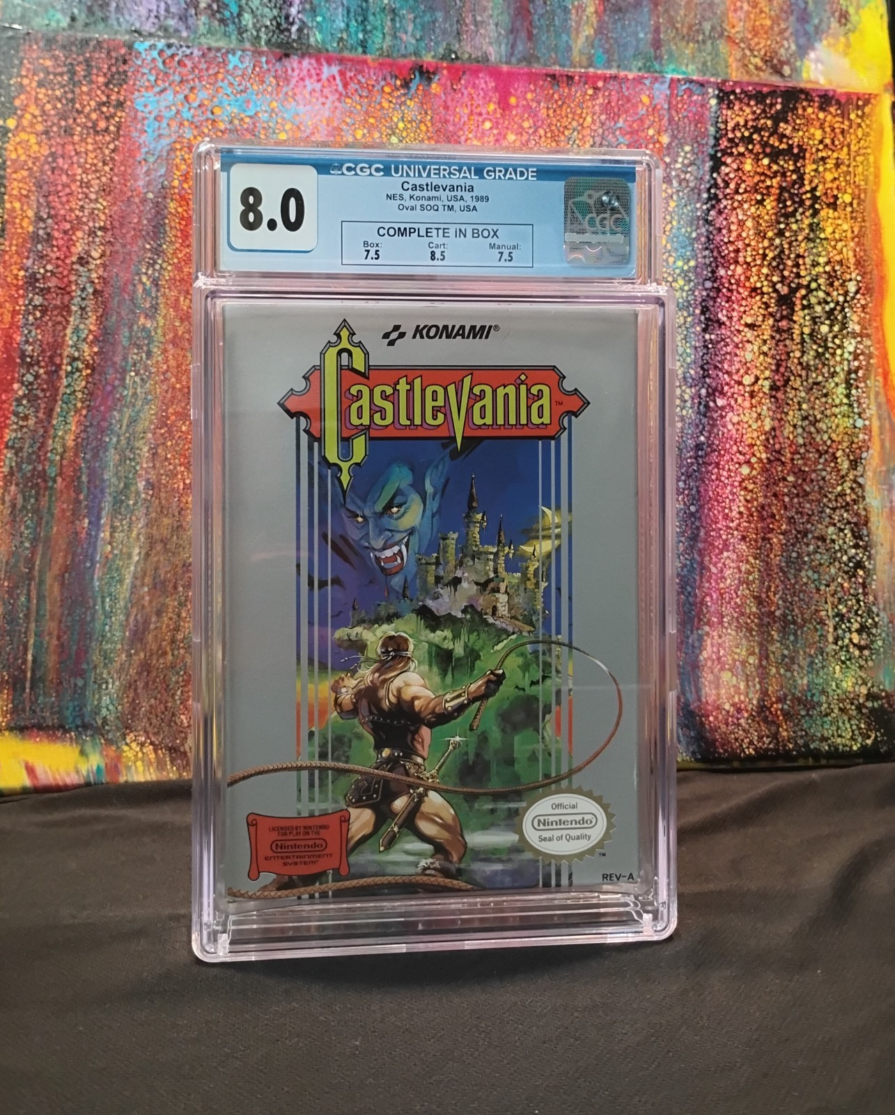 1989 NES Konami USA, Castlevania, CIB CGC universal grade 8.0 w/ 8.5 cart