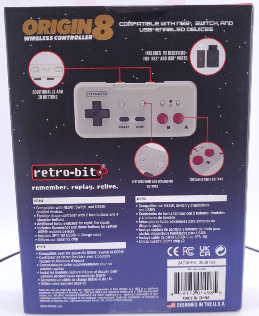 Retro-Bit Origin8 2.4 GHz Wireless Controller for Nintendo NES Switch USB Gray