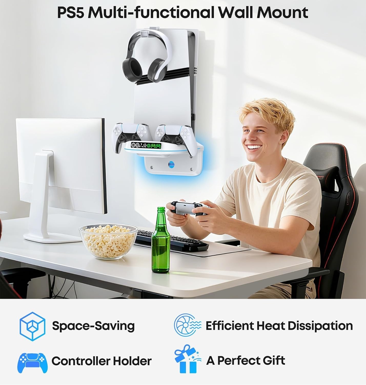 PS5 Wall Mount Kit with Cooling Fan and Charging Station for PS5 Slim, Pro & …