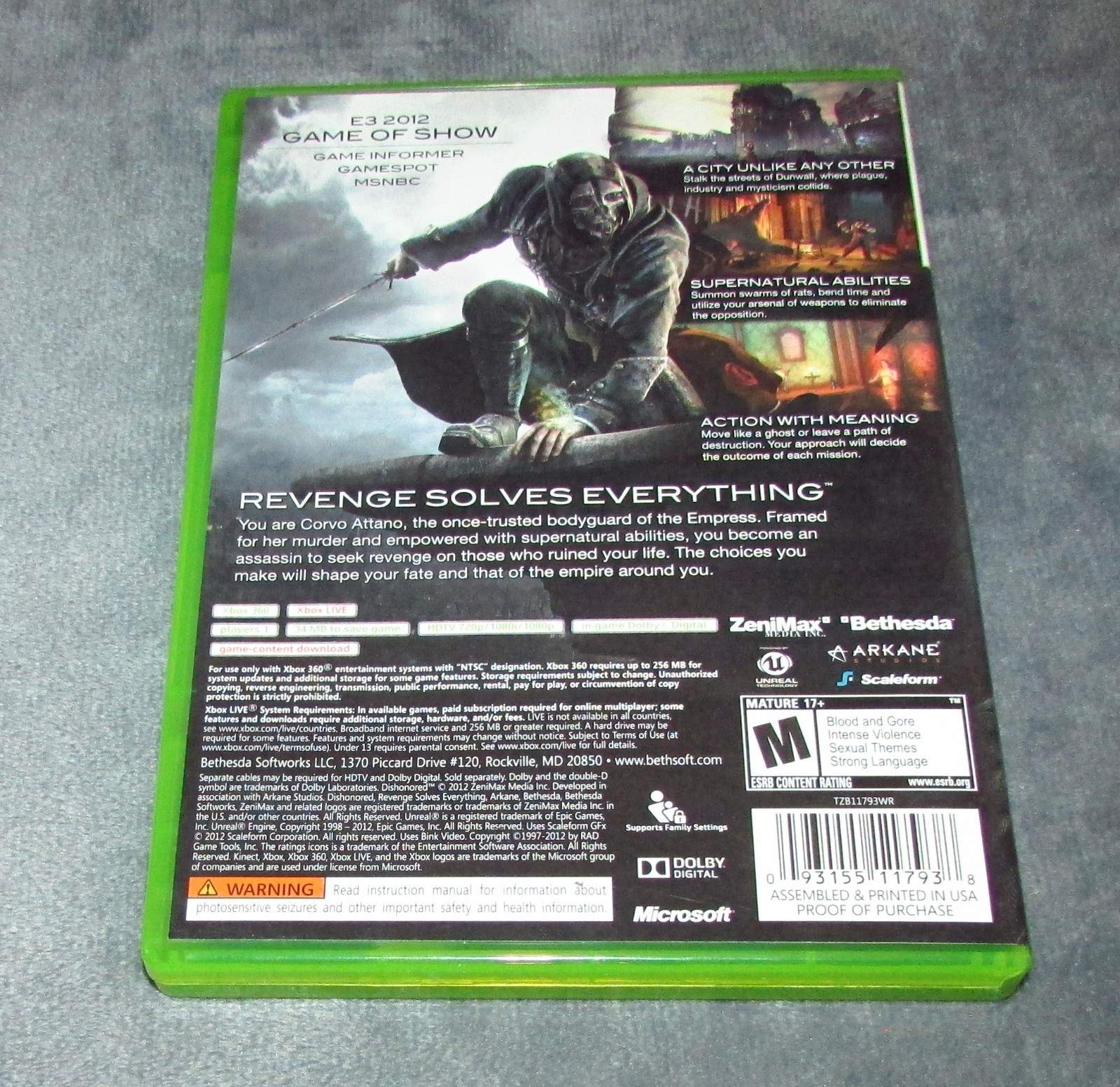 Dishonored for Xbox 360 Complete / Fast Free Shipping!