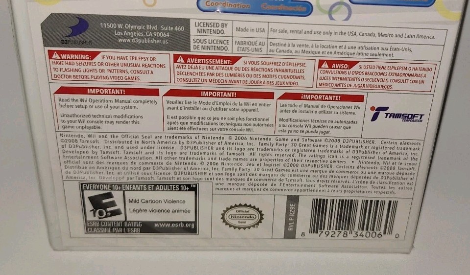 Family Party 30 Great Games Nintendo Wii 2008 Tamsoft/D3 PUBLISHER NEW W/TEAR