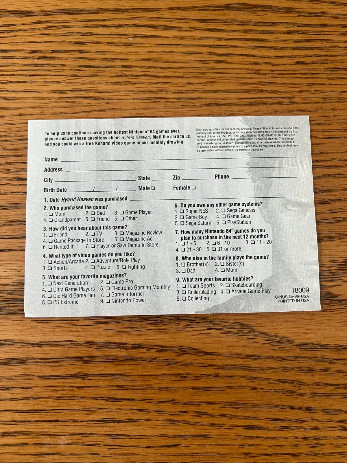 Nintendo 64 N64 Hybrid Heaven Registration Card