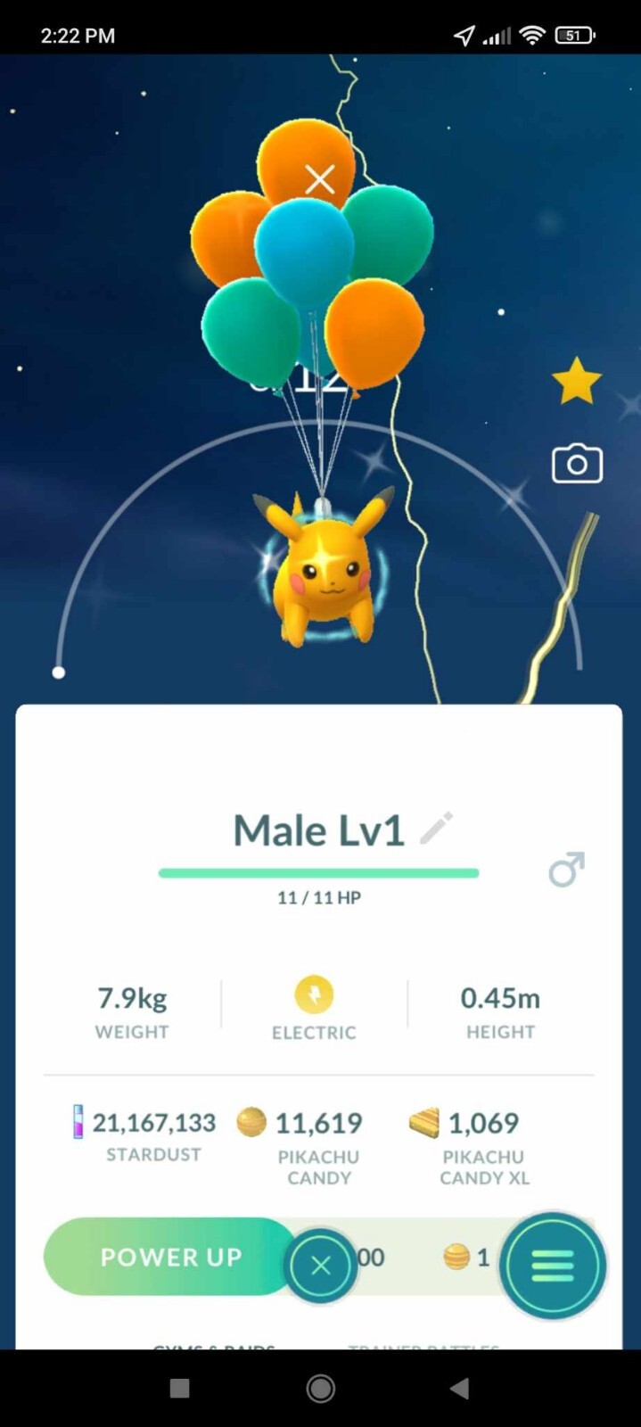 Shiny Pikachu LV1 Male Flying With Blue Balloons – TRADE – Read Description