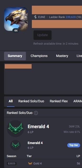 League of Legends EUNE Emerald 4 Smurf – 48k blue essence – Season 2026