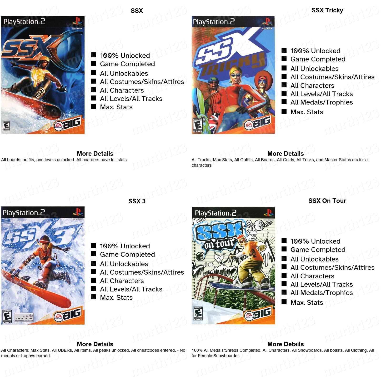 SSX Tricky 3 On Tour 1 2 3 4 PS2 Memory Card Unlocked Save Beaten Complete 100%