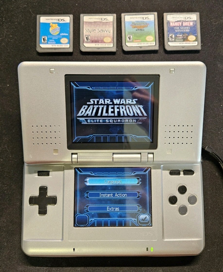 Nintendo DS Original NTR-001 Console Silver Tested W/ Stylus and 5 games