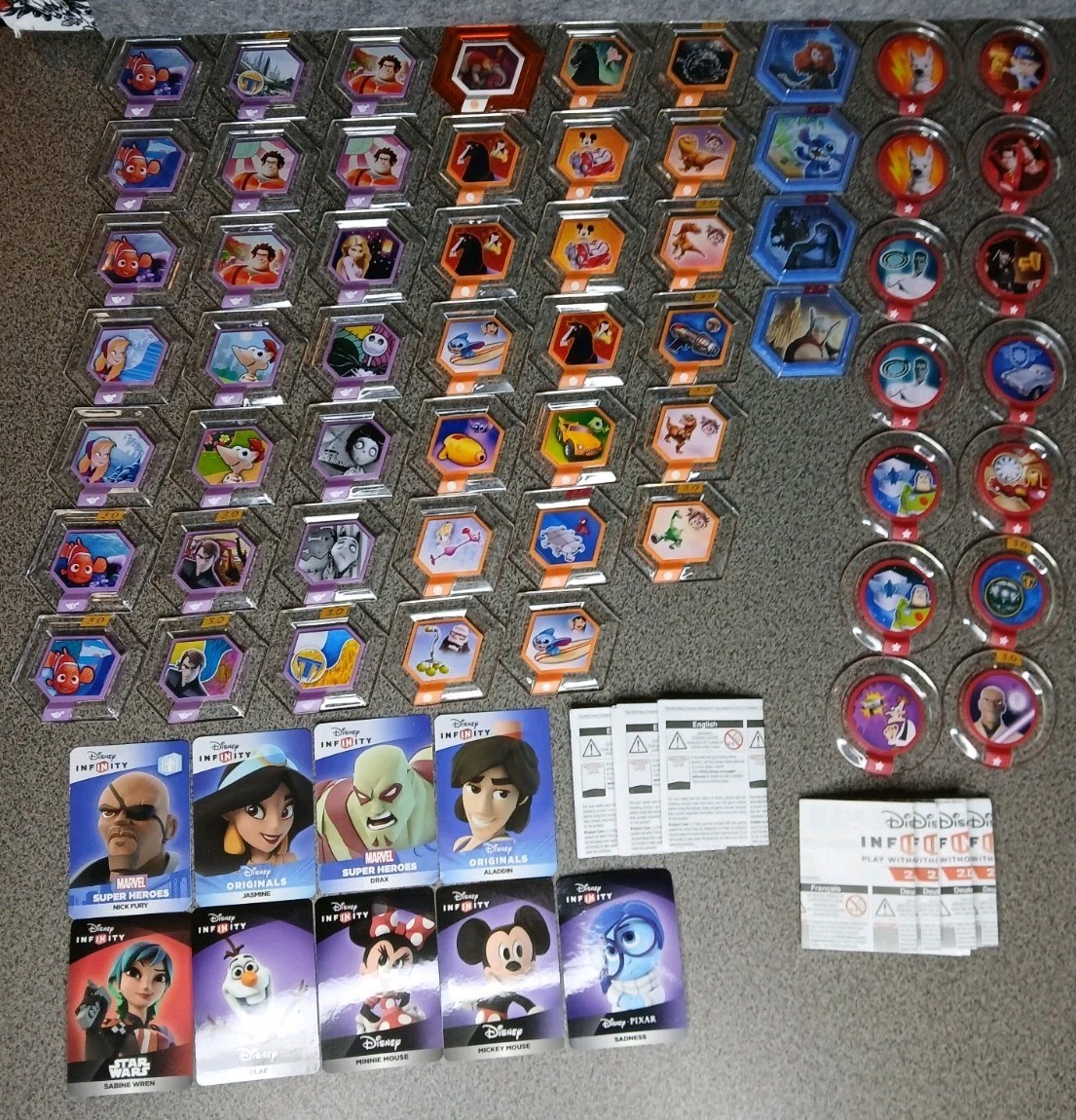 Disney Infinity Power Disc Lot 59 Mixed 1.0 2.0 3.0 + 9 Cards 7 Inserts Disney
