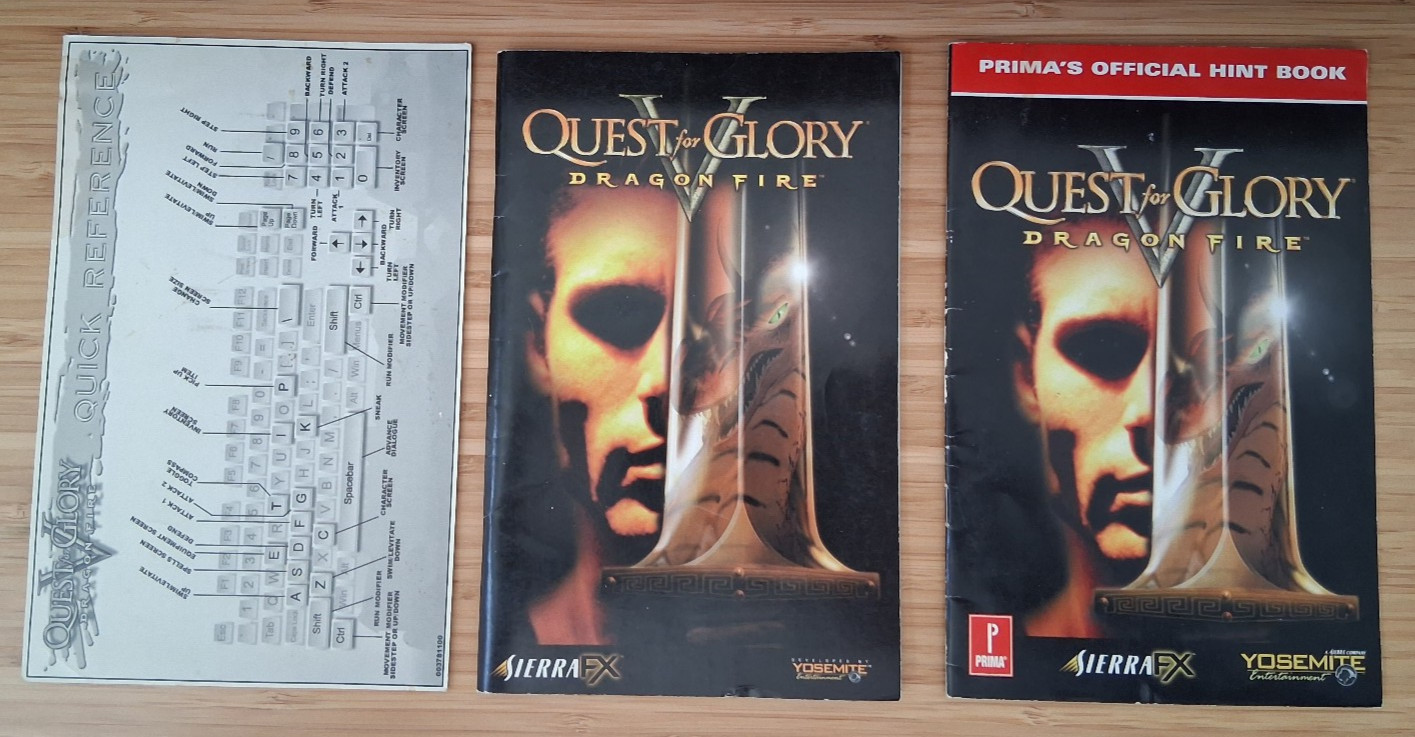 Quest for Glory V: Dragon Fire (Sierra, 1998) – Manual, Card, Hint Book NO GAME