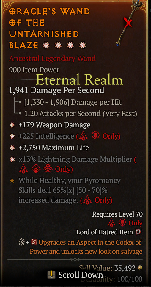Diablo 4 Eternal Wand 4GA Weapon Damage intelligence Max life Lightning Damage