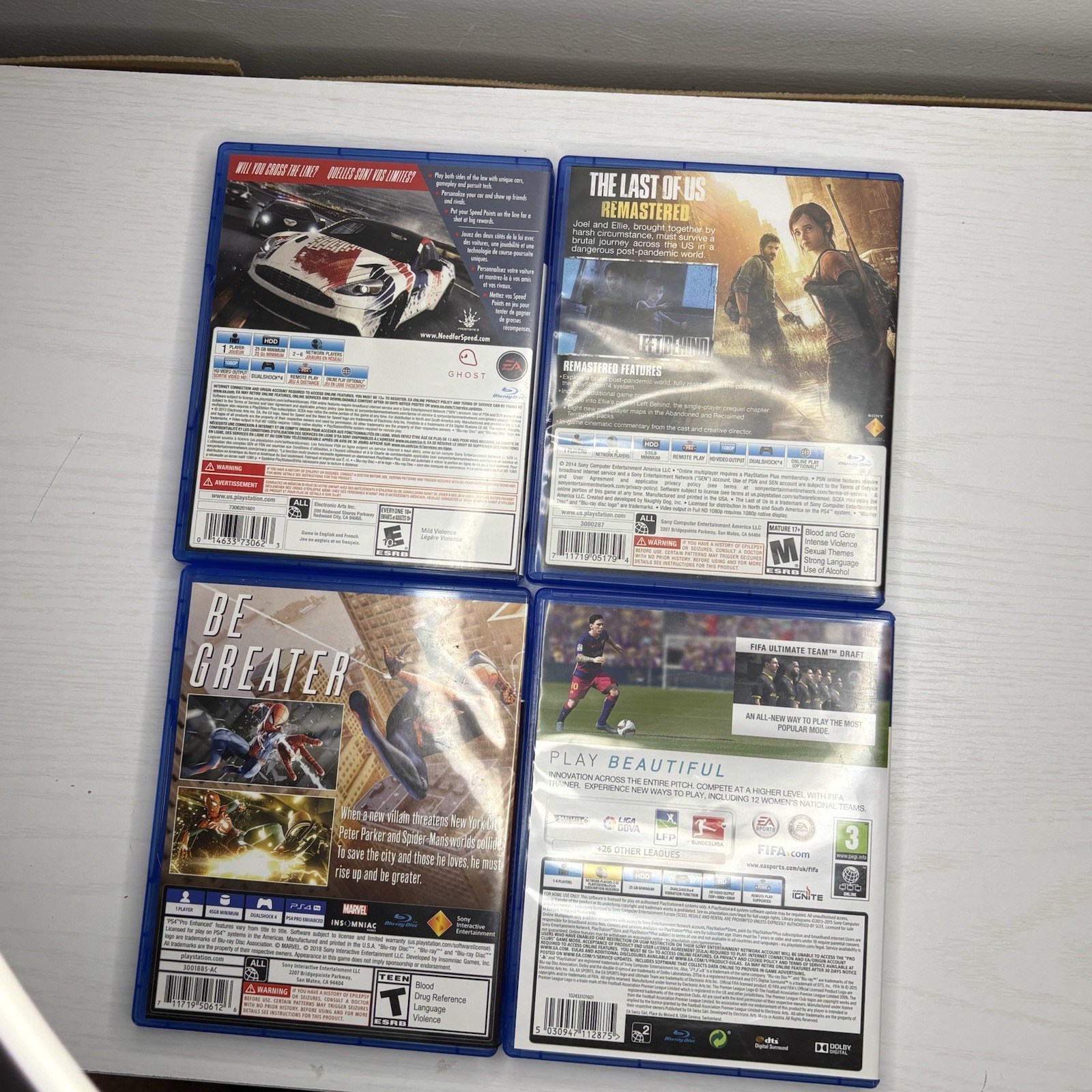 S4 Game Lot 4 – Spider-Man Last of Us Remastered NFS Rivals FIFA 16 CIB