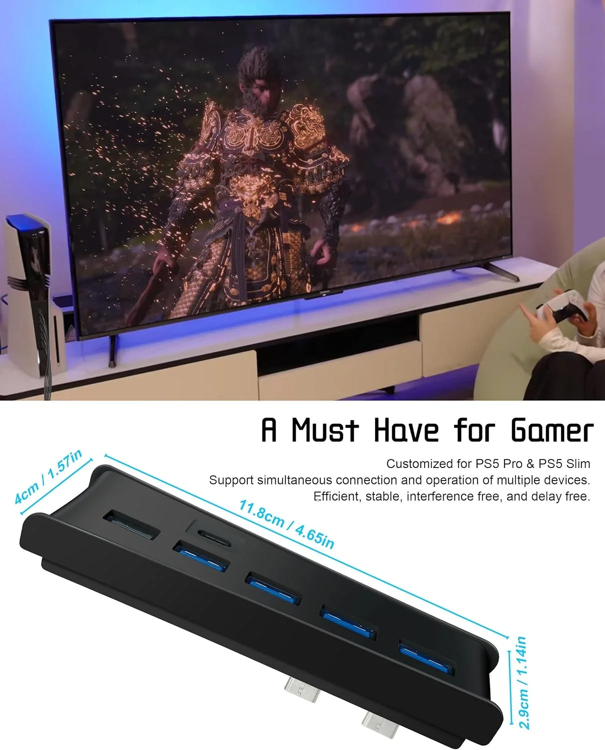 USB Hub for PS5 Pro Slim 6 Port High-Speed Expander Splitter 4 USB-A Type C Blac