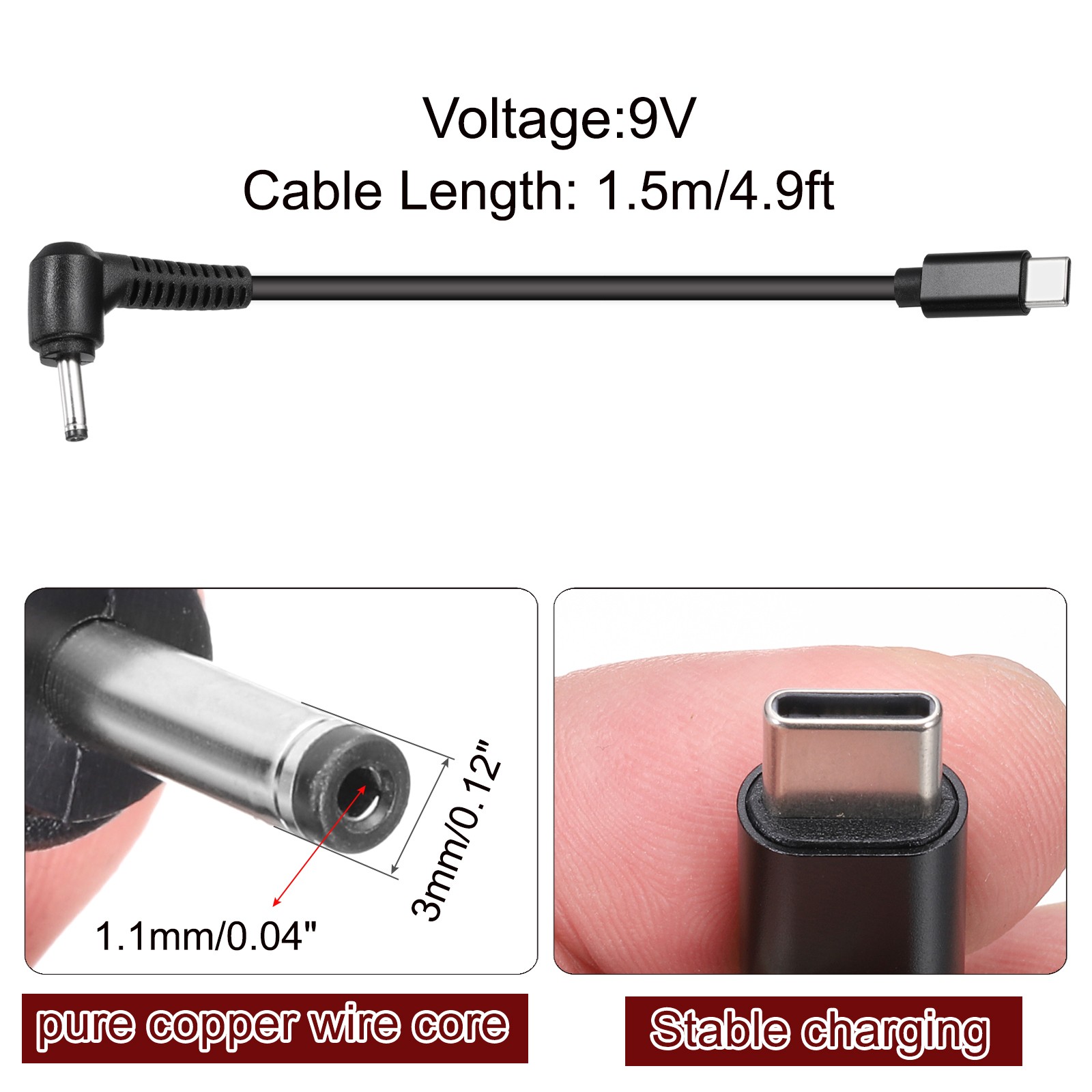 4.9FT USB C to DC PD Power Fast Charging Cable, 3mmx1.1mm 27W/9V(Black)