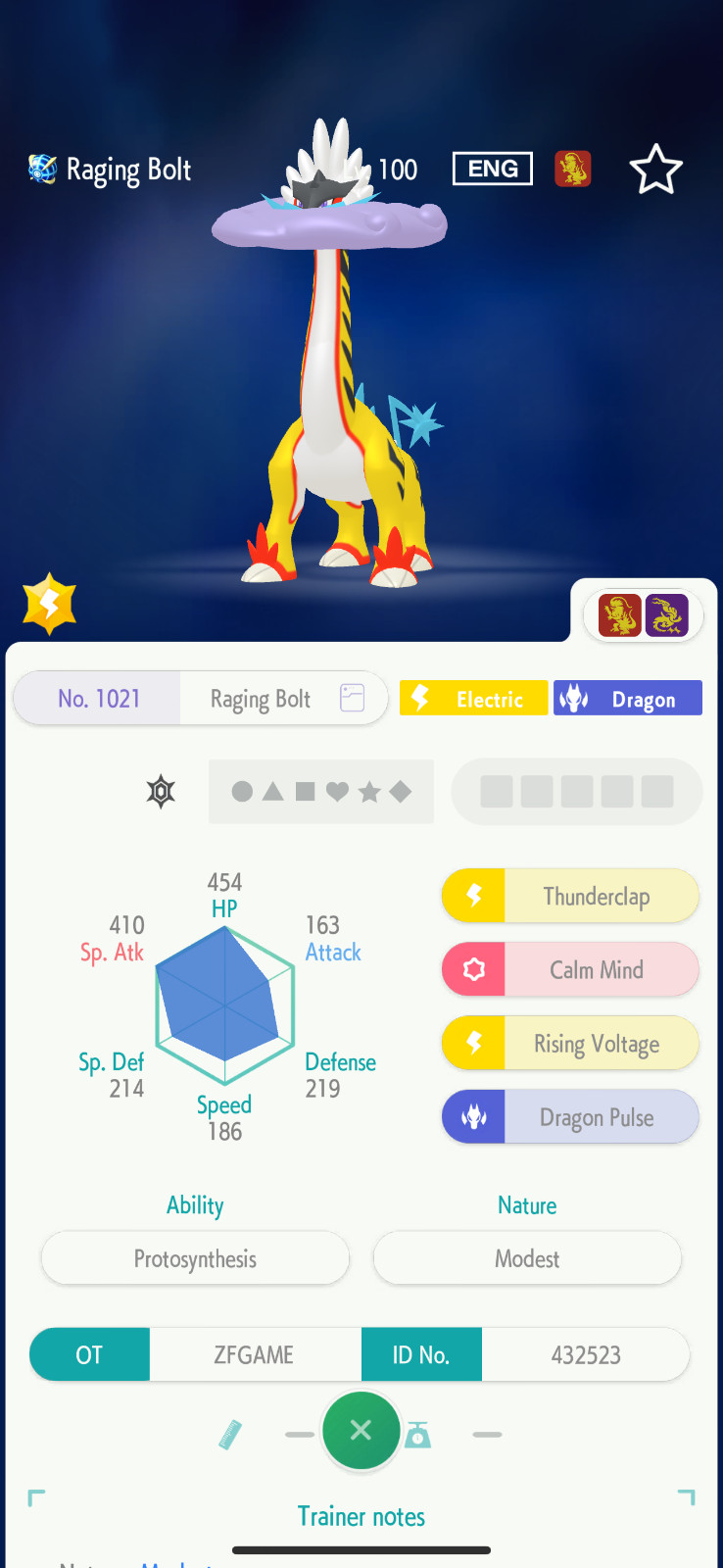 ✨6IV Normal Raging Bolt + EVS🚀 POKEMON HOME✨Champions✨Online delivery⚡