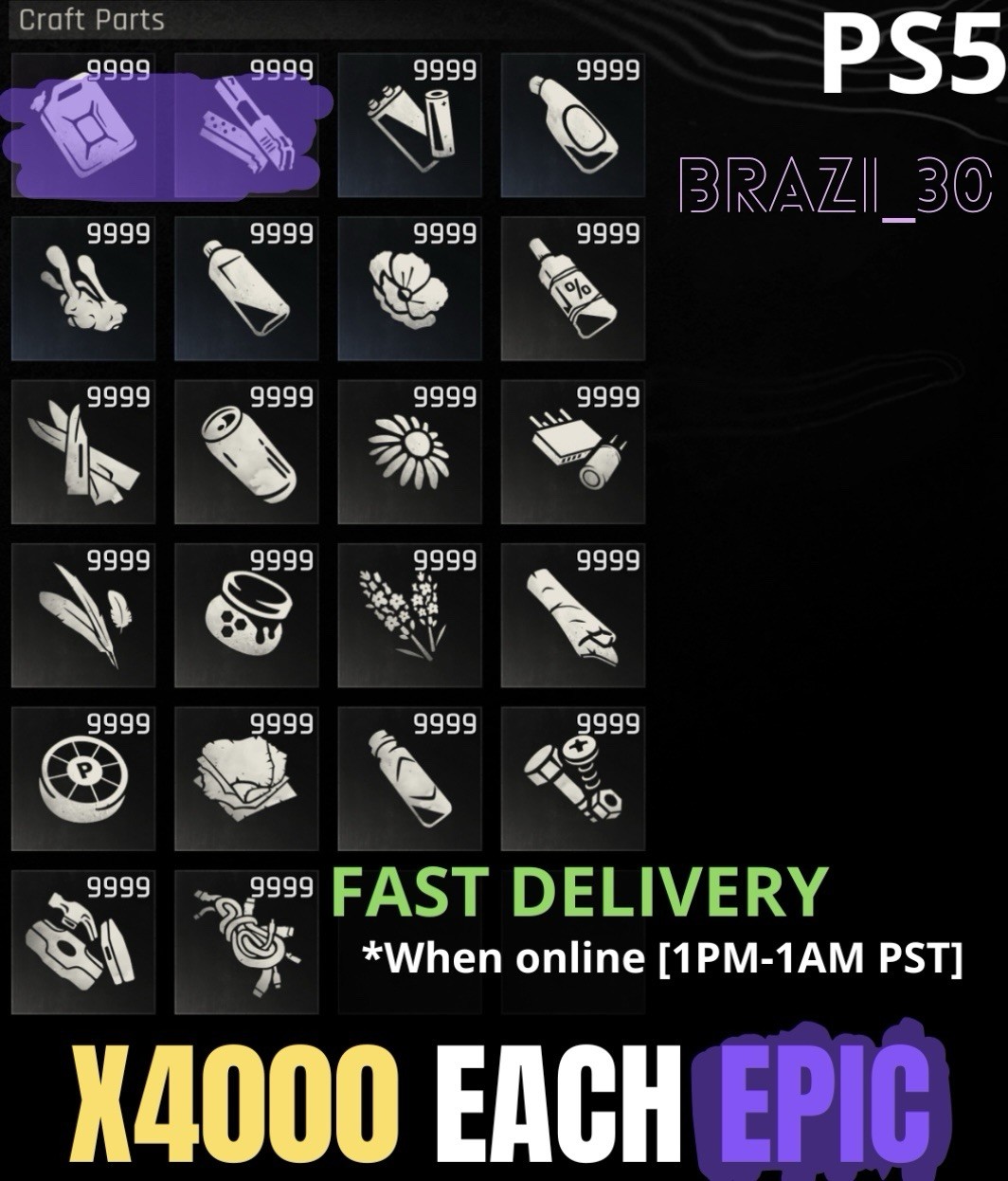[PS5 ONLY] Crafting Materials, x4000 of EACH EPIC, Dying Light: The Beast