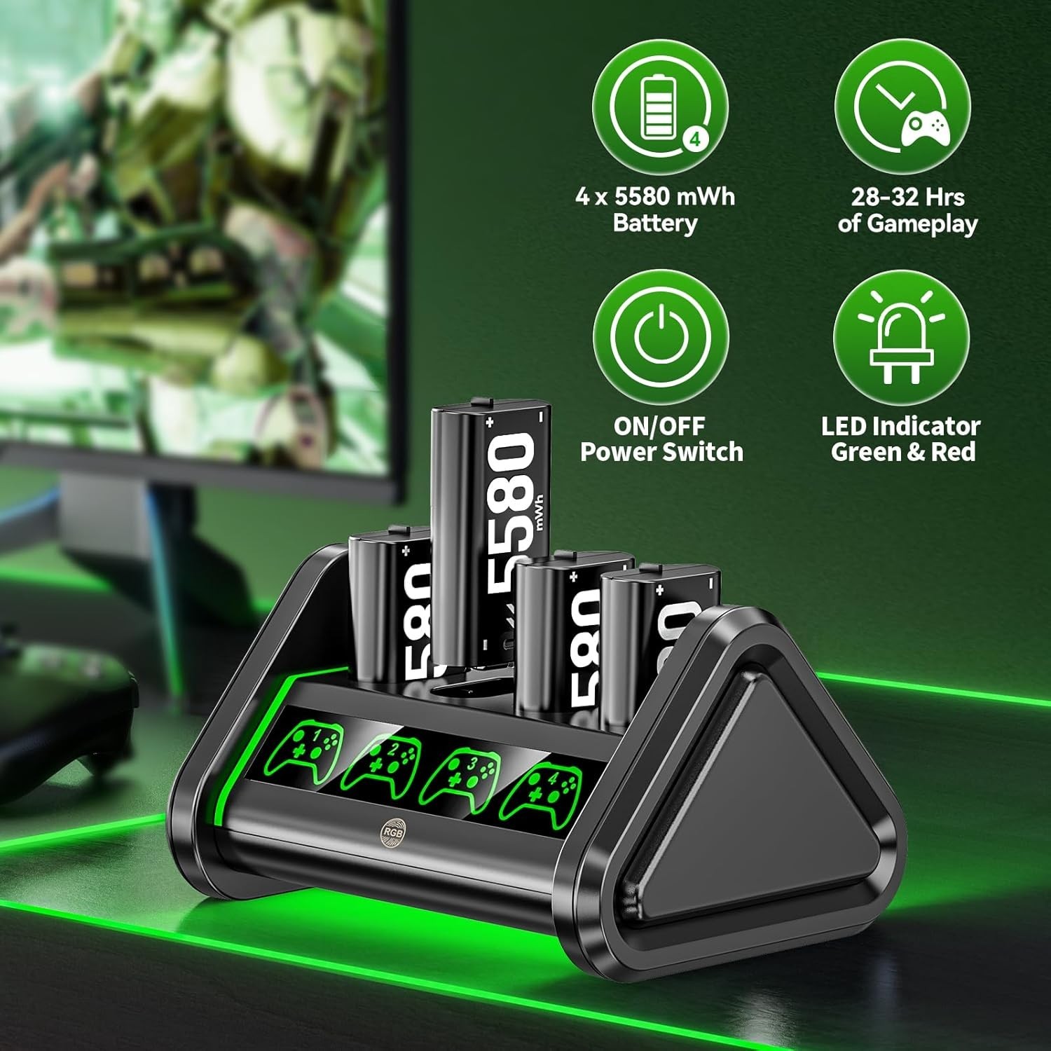 Rechargeable Battery for Xbox One/Series X/S, 4 x 4880mWh Xbox Batteries, Xbx…