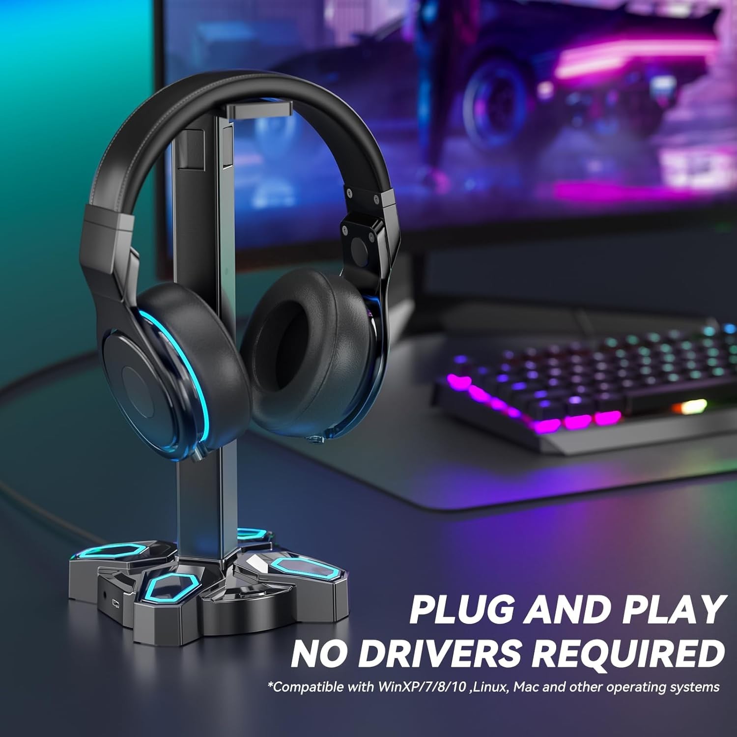 Stylish Rotating Gaming Headphone & Controller Holder with RGB Lights – Black
