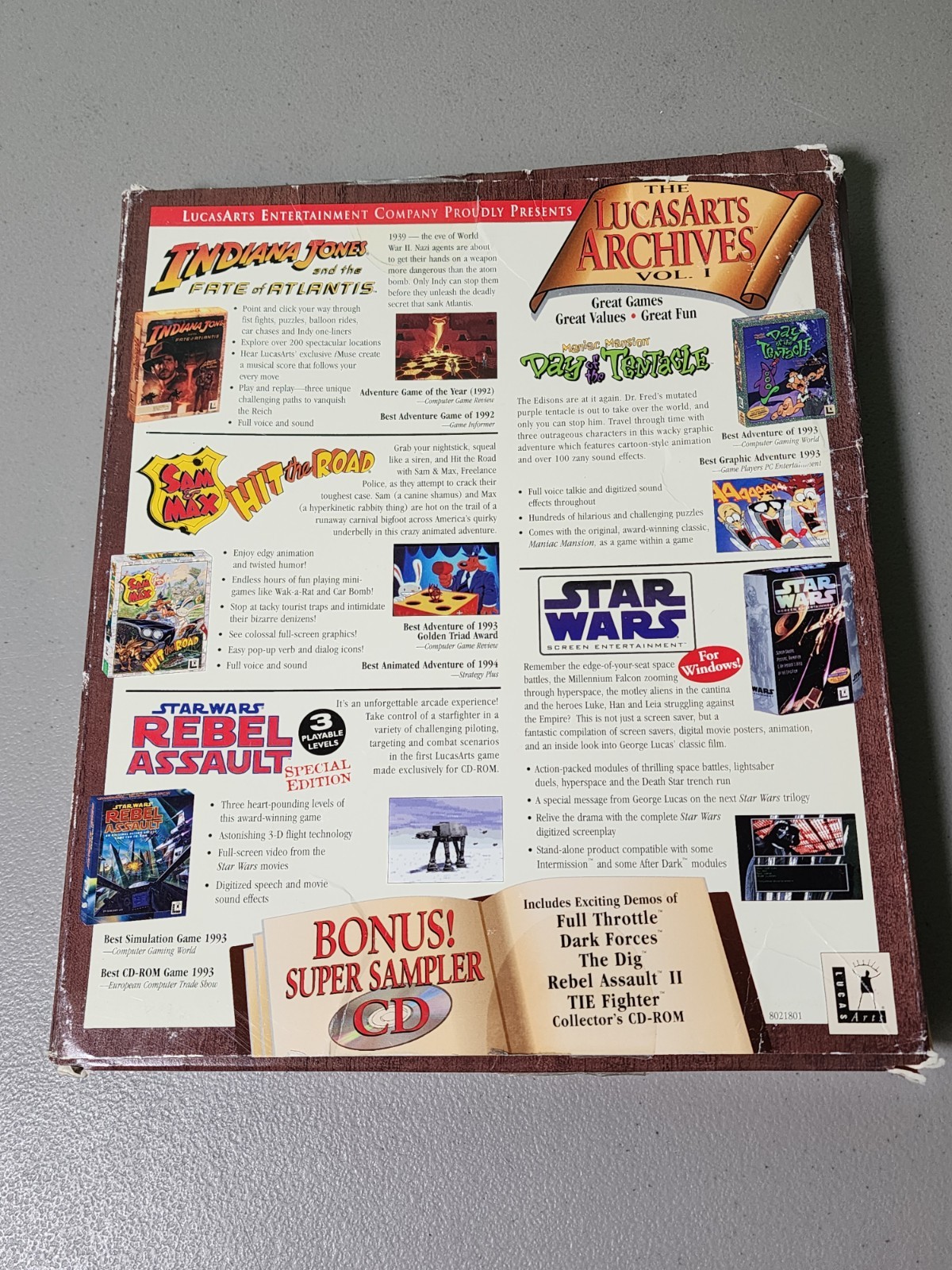 LucasArts Archives Vol 1 PC CD-ROM Games Indiana Jones Sam & Max. – CIB Big Box