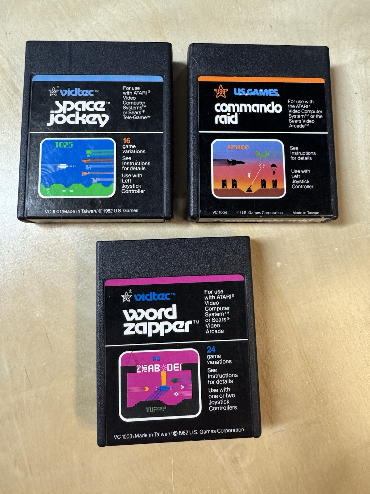 Atari 2600 3 Video Game Lot Space Jockey Towering – Word Zapper – Commando Raid
