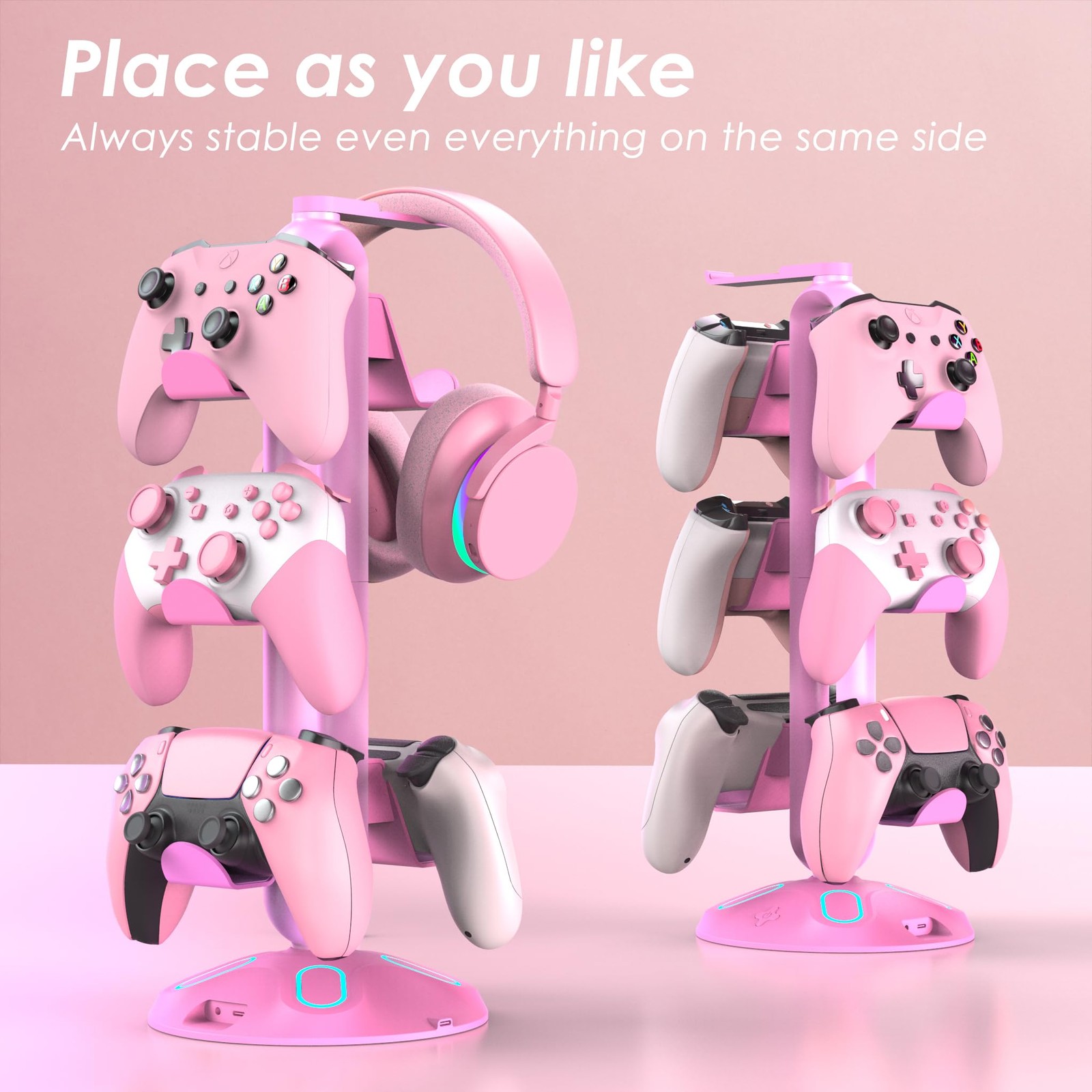 Pink Gaming RGB Headphone Stand with 9 Modes, Controller & USB/Type-C Charger